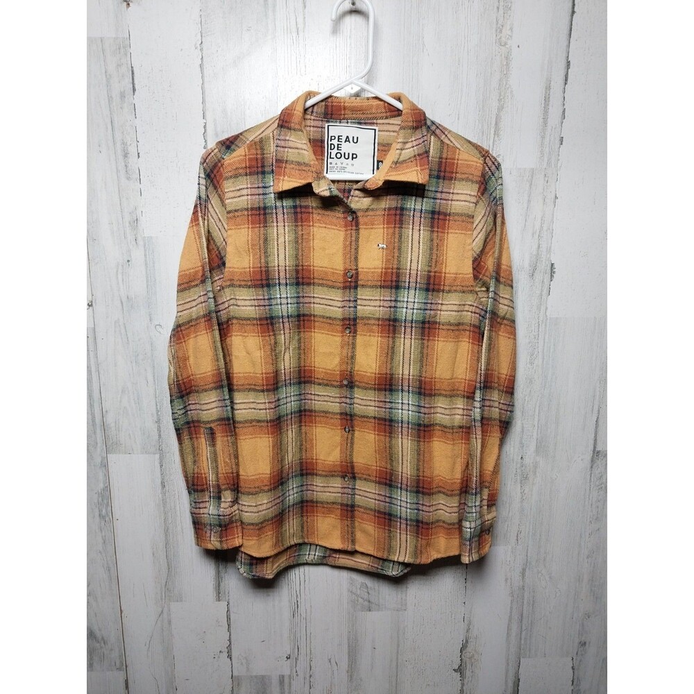 Peau De Loup Flannel Brown Yellow Size 8 Small Button Plaid Shirt